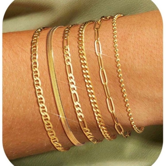 Gold Plated Stainless Steel 6pc Bracelet Chain Set - Picture 1 of 3